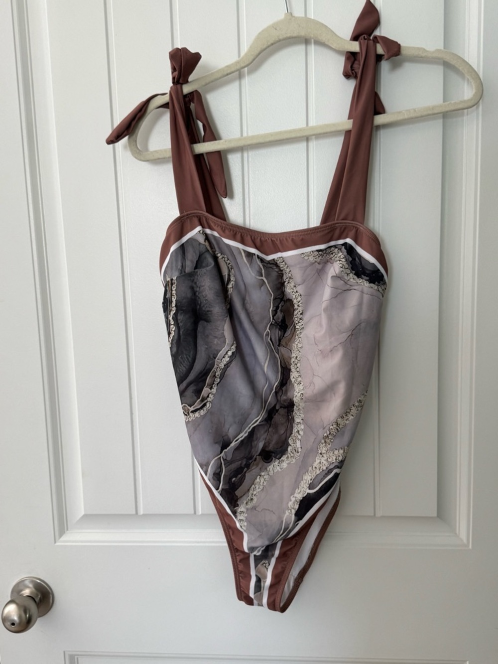 Tie-Shoulder One-Piece Swimsuit in Brown & Gray Marble Print